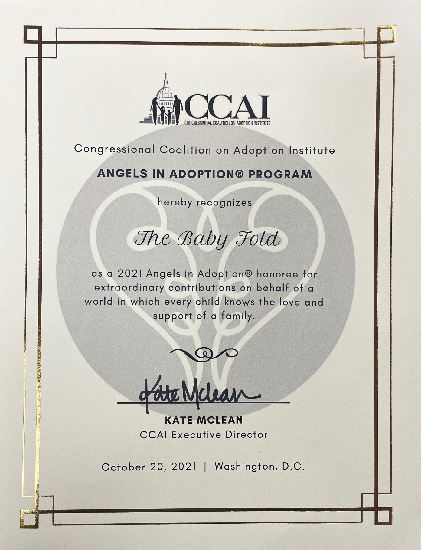 The award given to The Baby Fold for being an Angel of Adoption